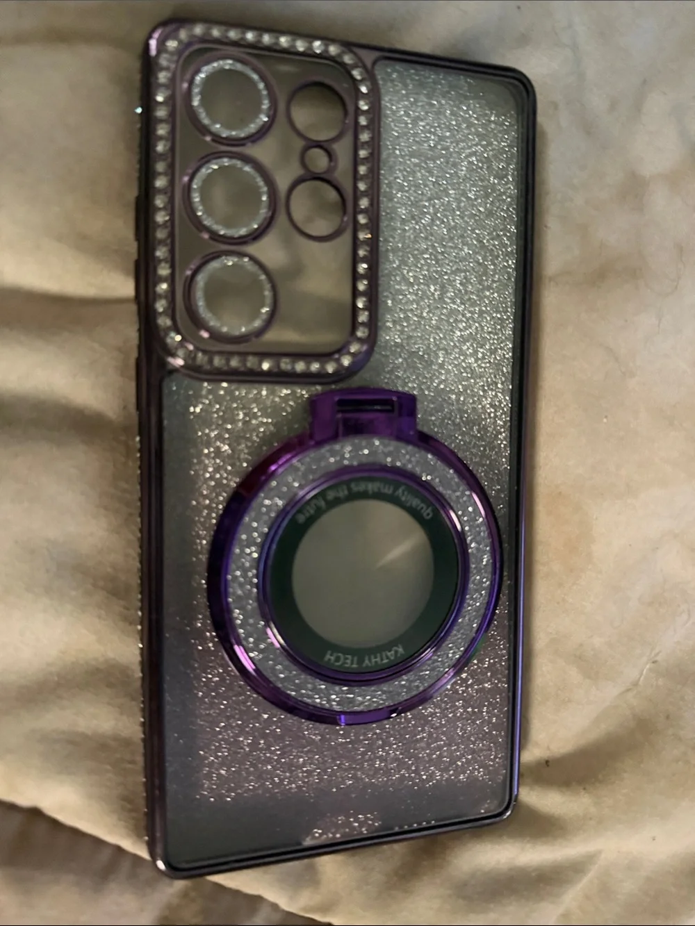 Glitter Purple Phone Case with Ring Holder and Rhinestone Camera Frame